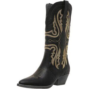 Women's Black Pointed Toe Chunky Block Heel Cowgirl Mid Calf Western Booties